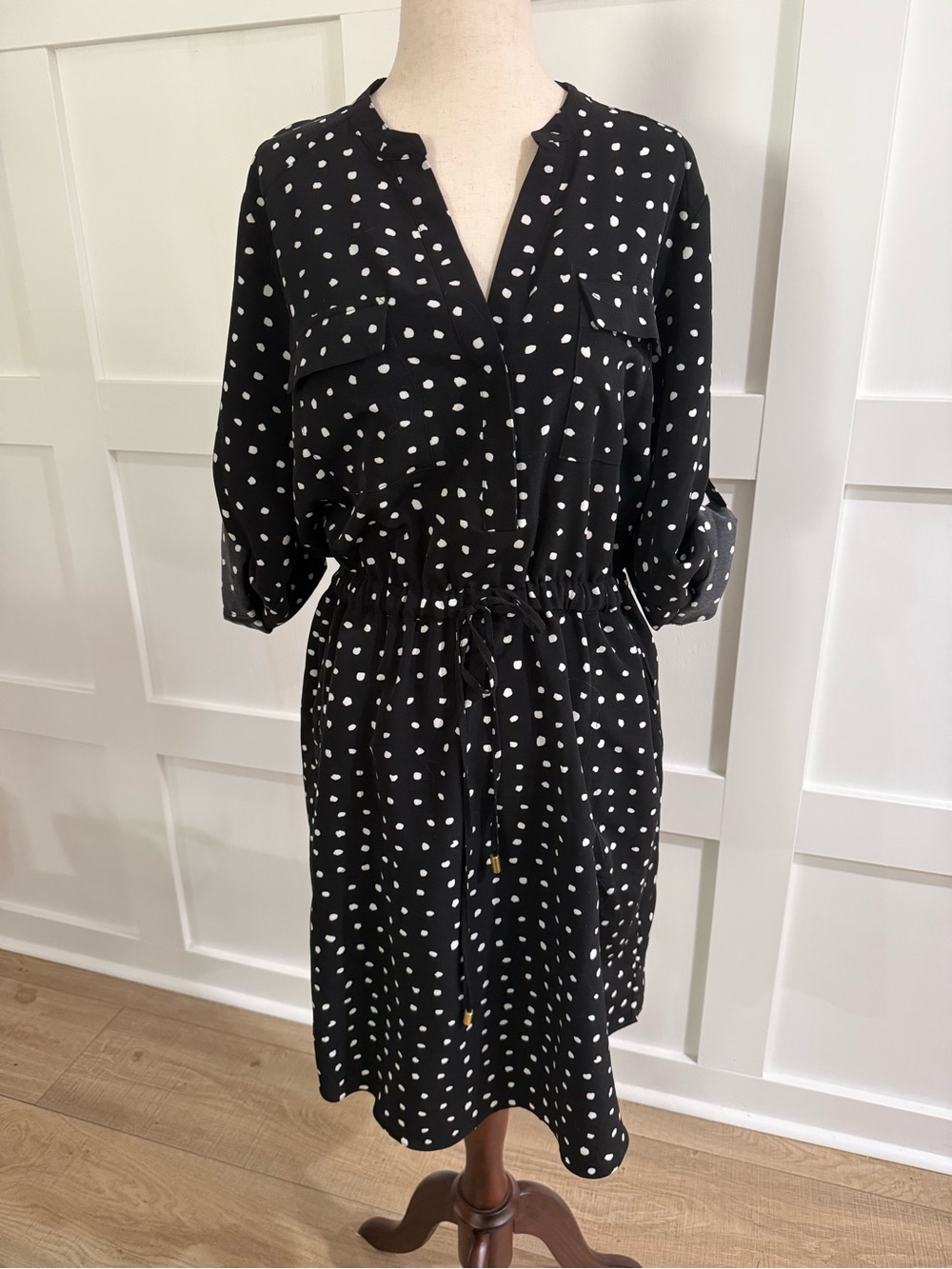 Black White Polka Dot Shirt Dress Drawstring Waist M